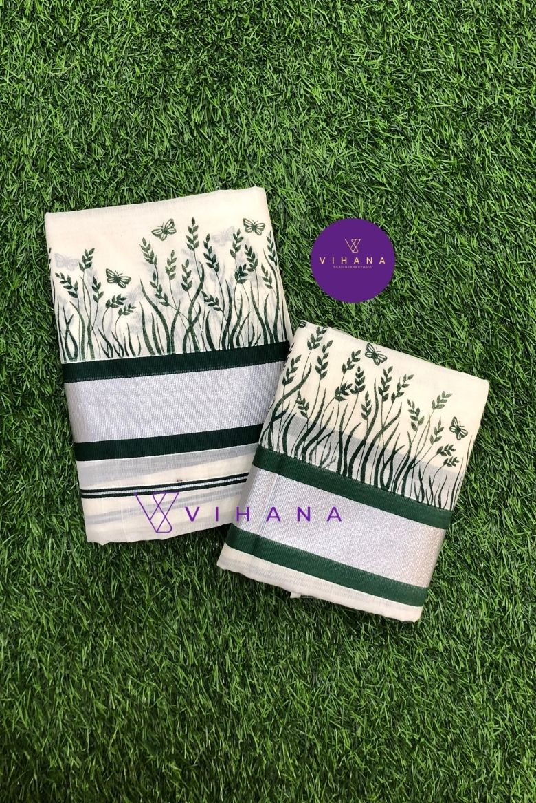 Elegant Cotton Set Mundu with Green Leaf Print