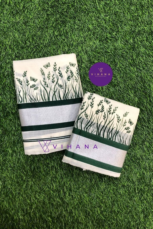 Elegant Cotton Set Mundu with Green Leaf Print