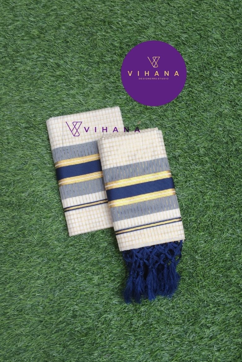 Classic Kerala Set Mundu with Navy Blue and Gold Border