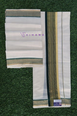 Traditional Kerala Set Mundu with Bottle Green and Gold Kasavu Border