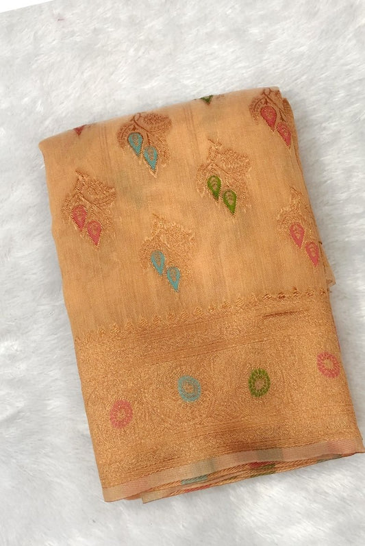 Kanjivaram Inspired Light Peach Cotton Linen Saree