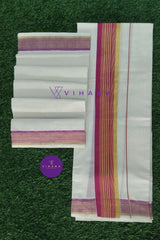 Traditional Kerala Set Mundu with Pink and Gold Kasavu Border