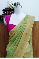 Kanjivaram Inspired Parrot -Green Cotton Linen Saree