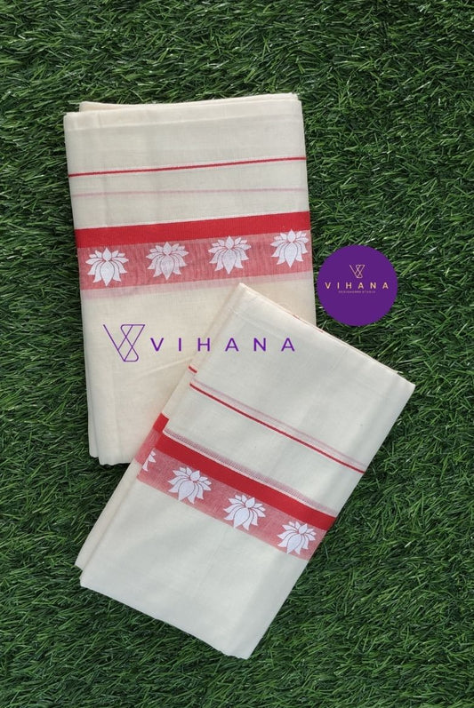 Traditional Kerala Set Mundu with Red Orange Lotus Design