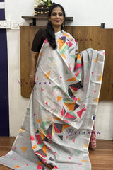 Grey Linen Cotton 3D Print Saree