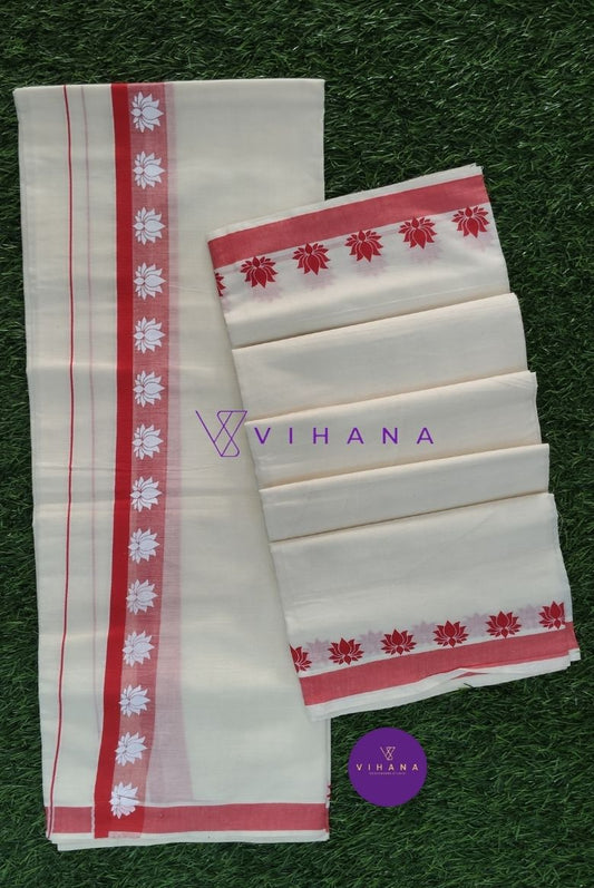 Traditional Kerala Set Mundu with Red Orange Lotus Design