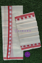 Traditional Kerala Set Mundu with Red Orange Lotus Design