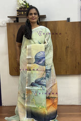 Multicolored Linen Cotton 3D Print Saree