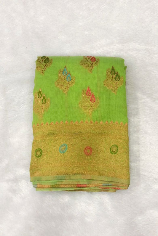 Kanjivaram Inspired Parrot -Green Cotton Linen Saree