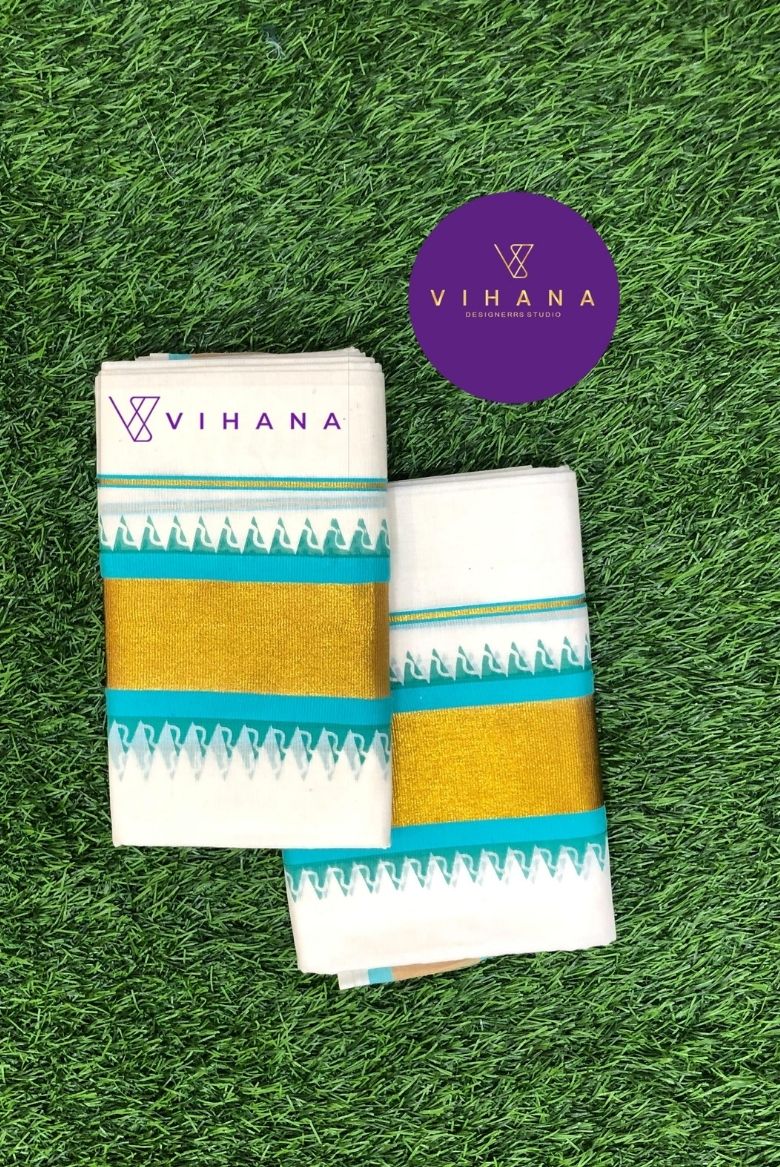 Traditional Kerala Set Mundu with Turquoise and Golden Zari Border