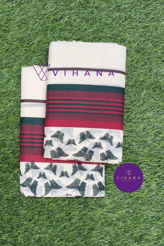 Traditional Kerala Attire along Maroon and Green Stripes with Butterfly Print Borders