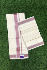 Premium Quality Handloom Kerala Cotton Set Mundu with Maroon and Silver Stripes Border