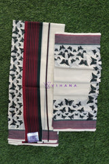 Traditional Kerala Attire along Maroon and Green Stripes with Butterfly Print Borders