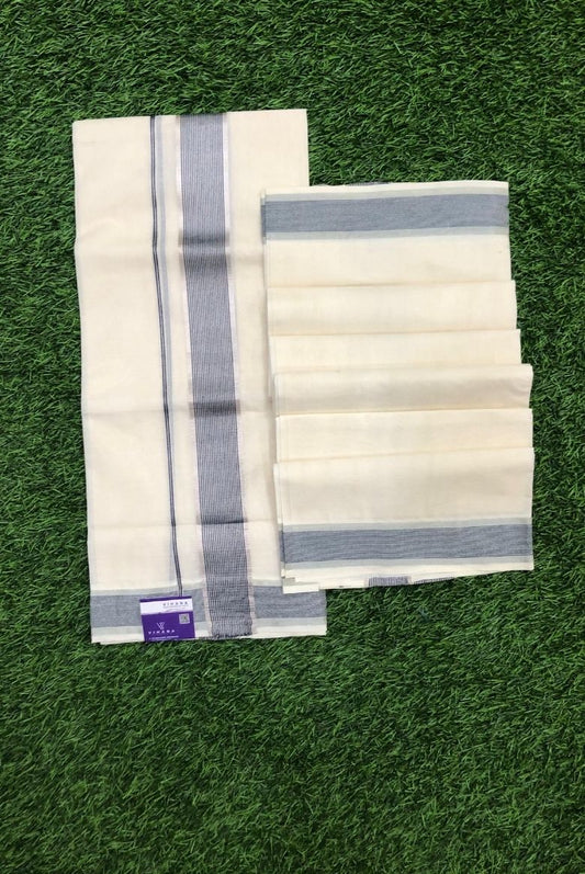Premium Quality Handloom Kerala Cotton Set Mundu with Blue and Silver Stripes Border