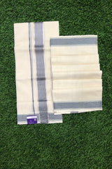 Premium Quality Handloom Kerala Cotton Set Mundu with Blue and Silver Stripes Border