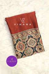 Rust Orange Modal Satin Silk Saree with Traditional Ajrakh Print