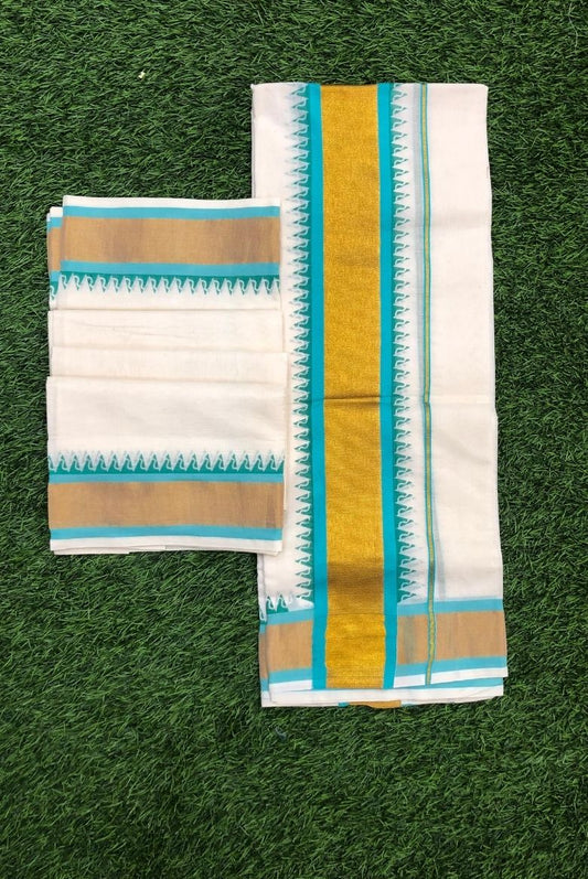 Traditional Kerala Set Mundu with Turquoise and Golden Zari Border