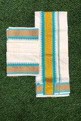 Traditional Kerala Set Mundu with Turquoise and Golden Zari Border