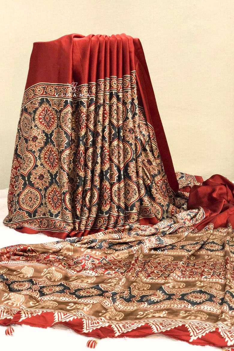Rust Orange Modal Satin Silk Saree with Traditional Ajrakh Print
