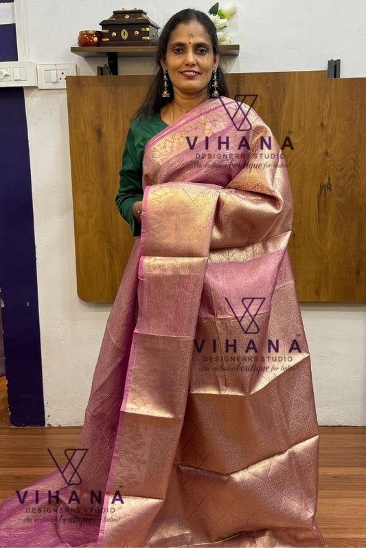 Rose Gold Mouve Pink Organza Silk Saree