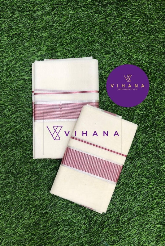 Premium Quality Handloom Kerala Cotton Set Mundu with Maroon and Silver Stripes Border