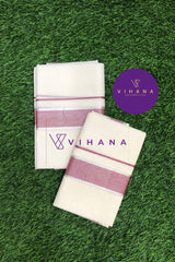 Premium Quality Handloom Kerala Cotton Set Mundu with Maroon and Silver Stripes Border