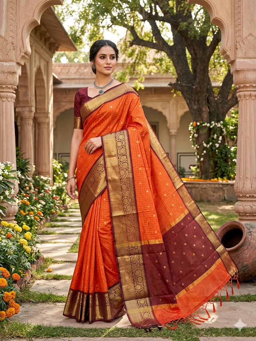 Orange Banarasi Katan Semi Silk Saree
