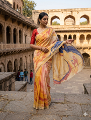 Khatan Semi Silk Marble print Yellow and Red Saree