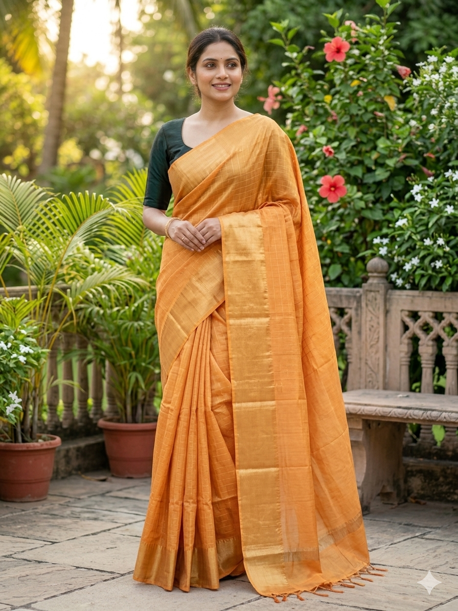 Yellow Orange Kota Mini Check Mangalagiri Silk