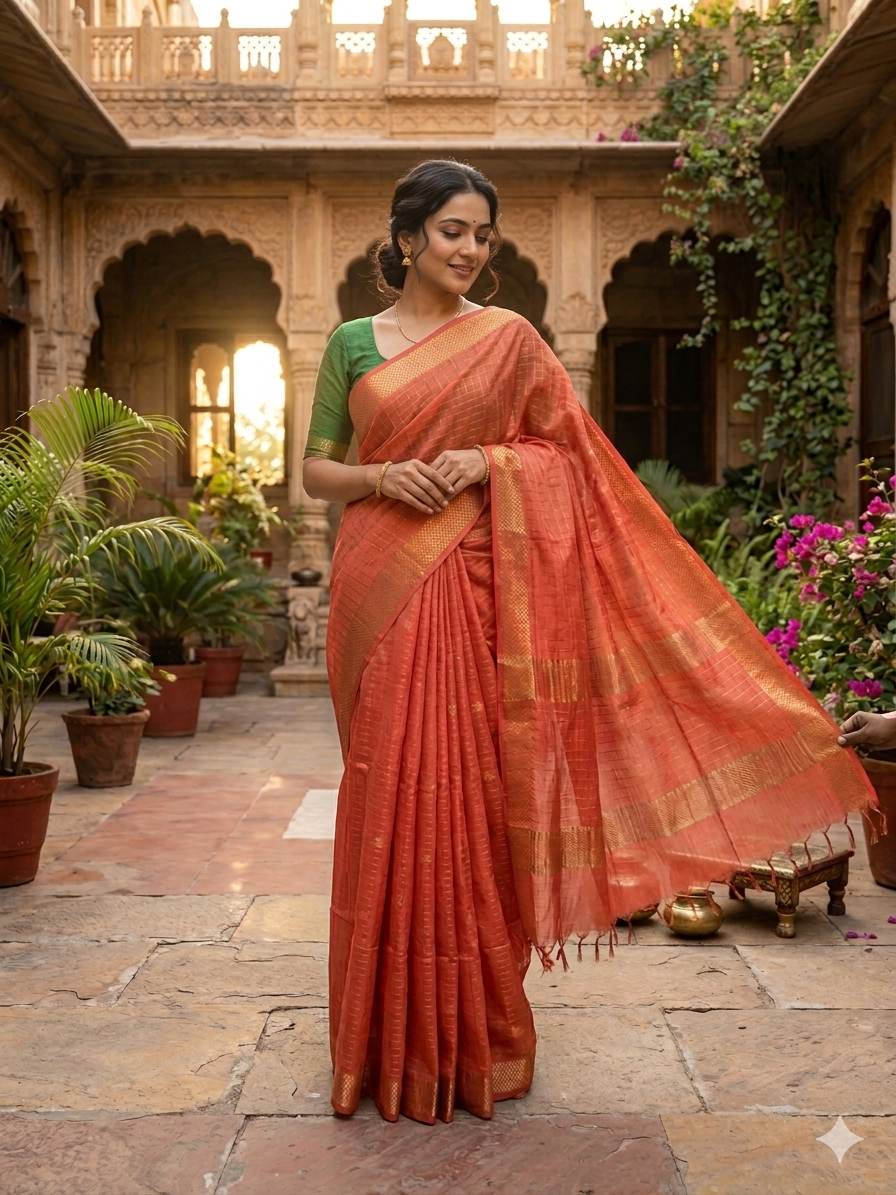 Orange Kota Silk Weaving Saree