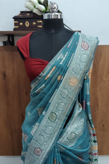 Pastel Teal Blue Cotton Blend Saree