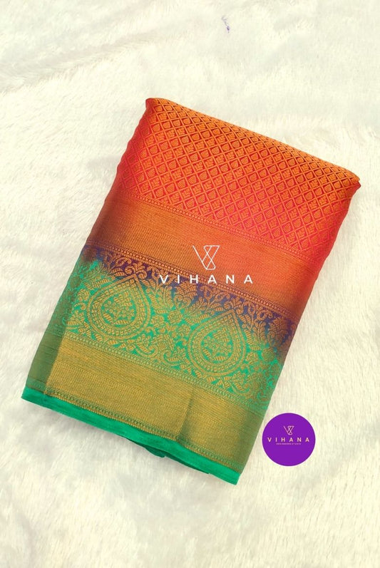 Perfect Red and Green Soft Semi Silk Saree