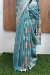 Pastel Teal Blue Cotton Blend Saree