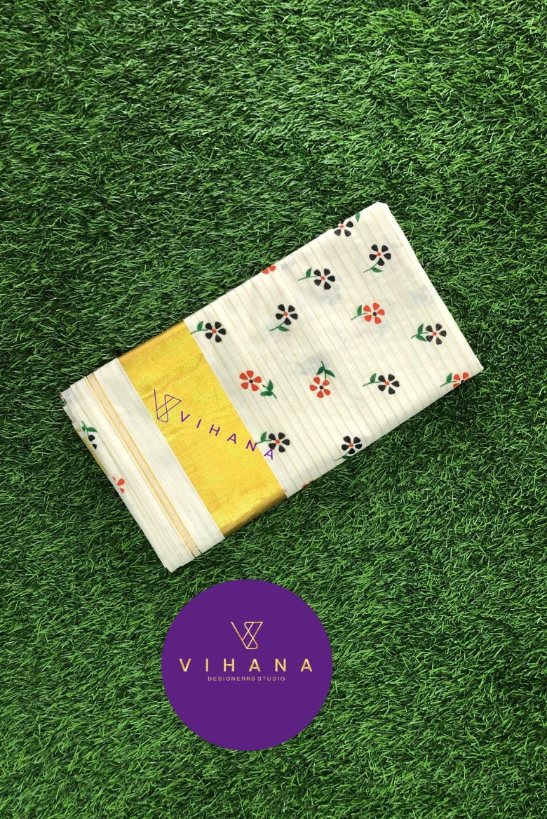 Elegant Kerala Cotton Set Saree with Orange and Black Floral Prints