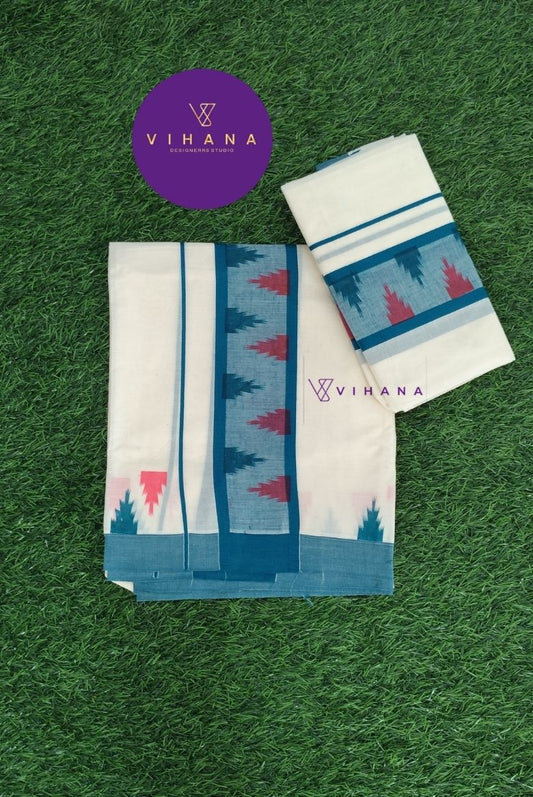 Kerala Cotton Set Mundu with Ikat Border