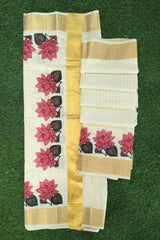 Kerala Cotton Set Mundu with Golden Strip with Lotus Print