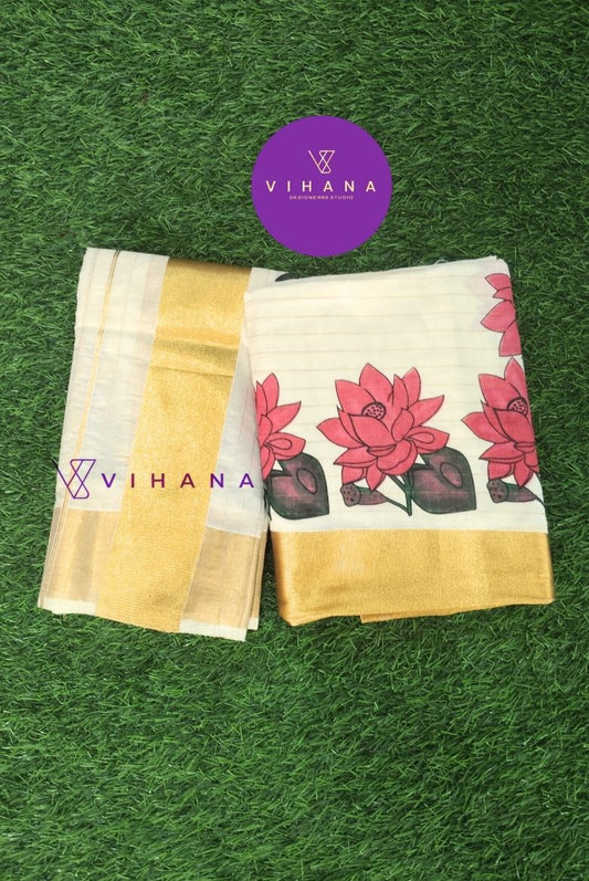 Kerala Cotton Set Mundu with Golden Strip with Lotus Print