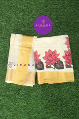 Kerala Cotton Set Mundu with Golden Strip with Lotus Print