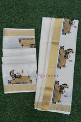 Kerala Traditional Kasavu Set Mundu with Classic Lord Mahavishnu Prints