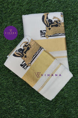 Kerala Traditional Kasavu Set Mundu with Classic Lord Mahavishnu Prints