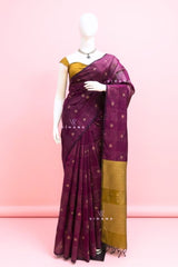 Wine Purple with Mustard Gold Contrast Pallu Premium Pure Handloom Cotton Saree