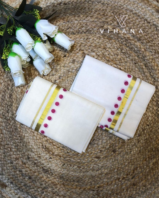 Pink Color Polka Dot Cotton Set Mundu-VS490