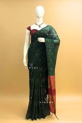 Emerald Green with Rich Red/Maroon Contrast Pallu Premium Pure Handloom Cotton Saree
