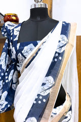 Pure White Linen Cotton Saree with Contrasting Blue Floral Design Border
