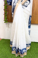 Pure White Linen Cotton Saree with Contrasting Blue Floral Design Border