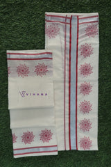 Kerala Cotton Set Mundu with Red Floral Prints