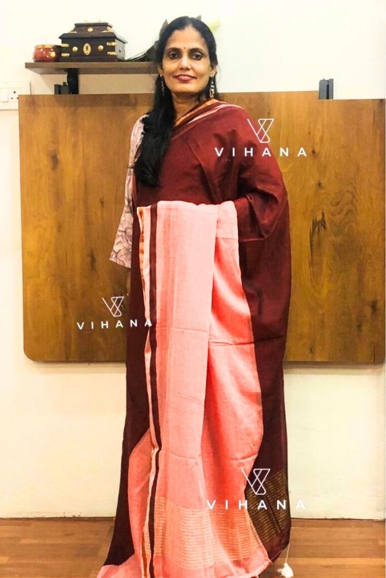 Peach and Brown Pure Mulcotton Saree120 count