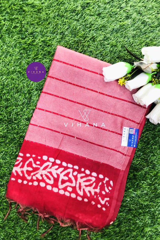Dark Red Kota Silk Katwar Batik Print Saree