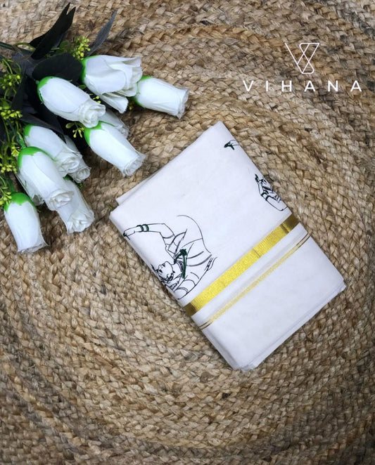 Kerala Cotton Set Mundu Off White Color Natya Print-VS480
