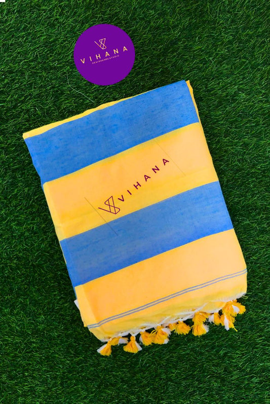 Sun Yellow with Multicolor Stripes Premium Cotton Saree